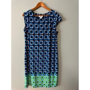 Liz Claiborne Dress XL Blue Green Geometric Print Shift Sleeveless Stretch